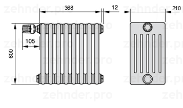 Схема (чертеж) Радиатор Zehnder Charleston 6060/8 №V012 Белый глянцевый RAL 9016